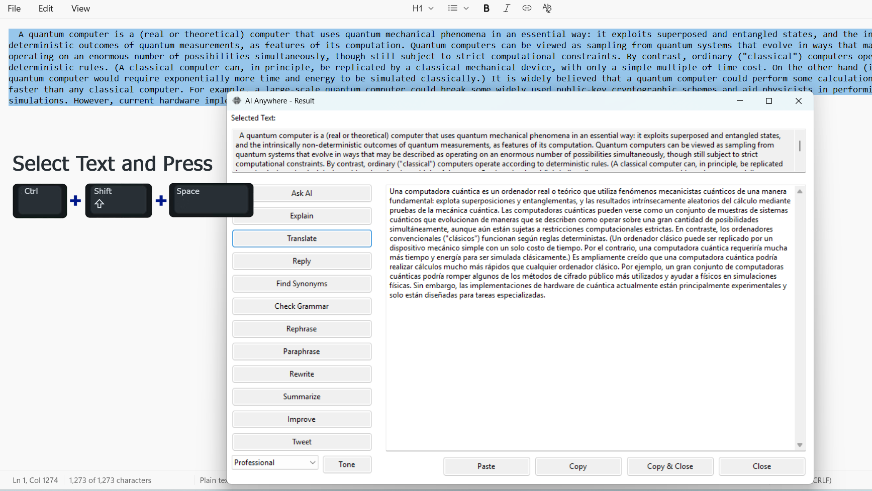 Screenshot placeholder — popup with model selector and AI output